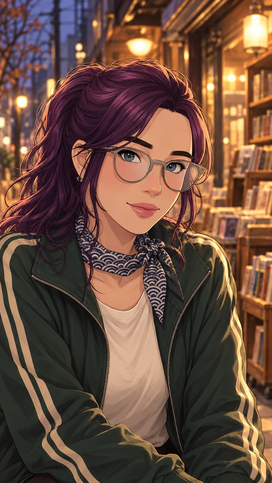 Airi, an illustrated adult woman with purple hair and silver glasses, on a warm Tokyo street